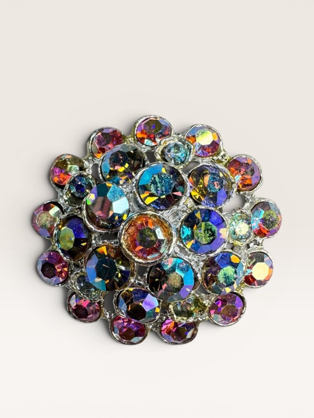 1960s Aurora Borealis Rhinestone Cluster Brooch Round Silver Tone Vintage